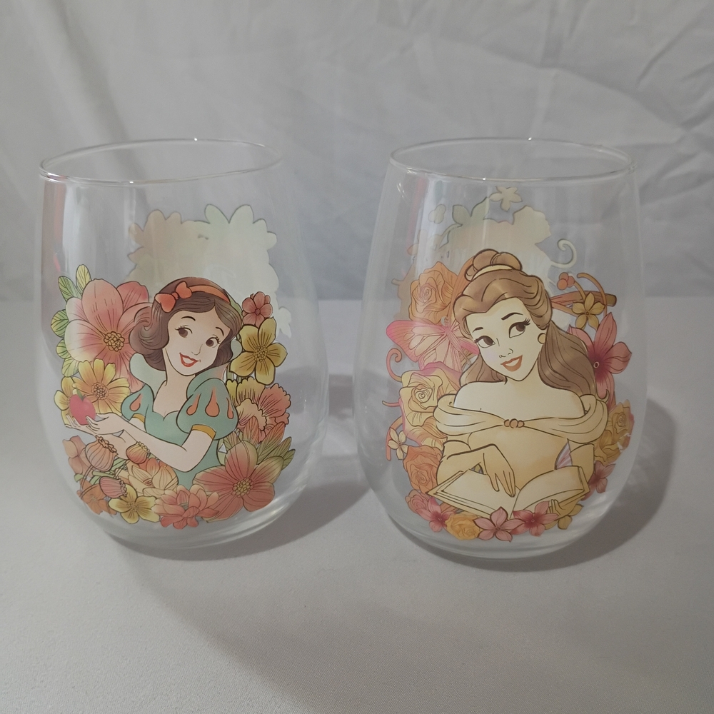 Disney Princess Floral Glass Pair - Pink and Yellow